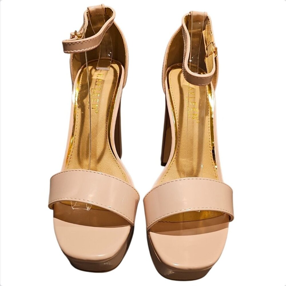 Nude Patent Leather Platform High Heel Sandals With Ankle Strap